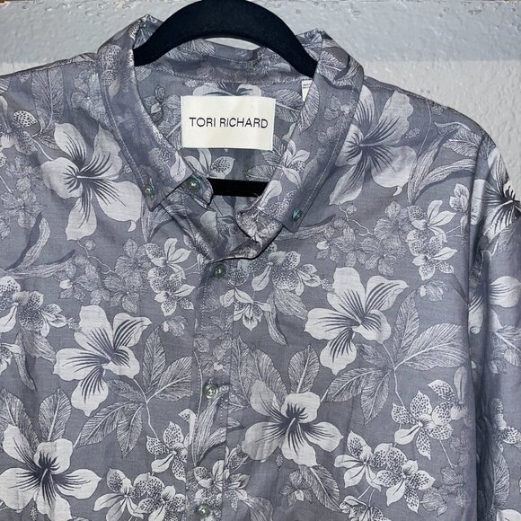 TORI RICHARD 100% Cotton Men's Gray Floral Design Button Up Long Sleeve Shirt -L - Picture 2 of 14